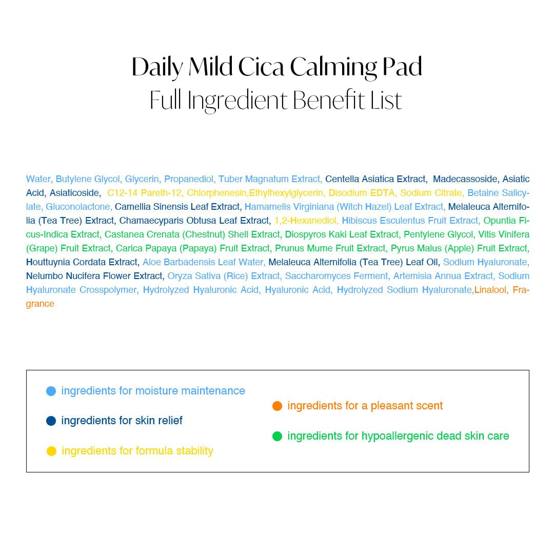 Daily Mild Cica Calming Pad, Calming and Soothing Pads, Gentle Exfoliation